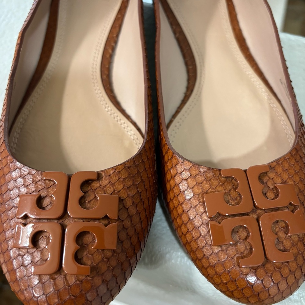 Tory Burch Lowell 2 Snakeskin-Embossed Leather Flats Brown - Size 9M, GUC - Picture 3 of 10